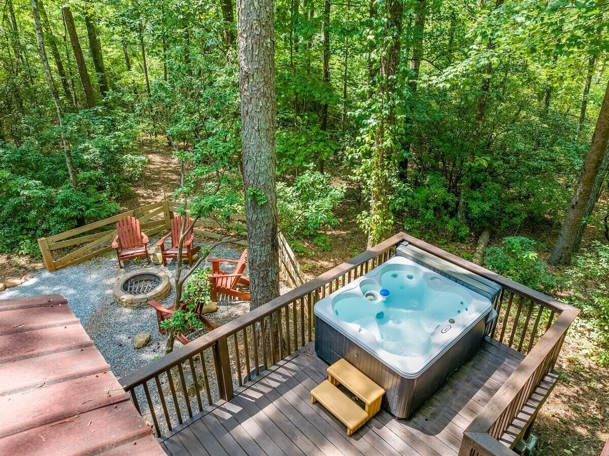 Overhead view of hot tub and firepit. Perfect for weekend fun
