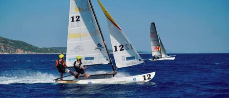 Two sailboats with the number 12 on their sails, sailing on the water.