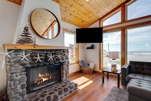 Smart TV, fireplace, books
