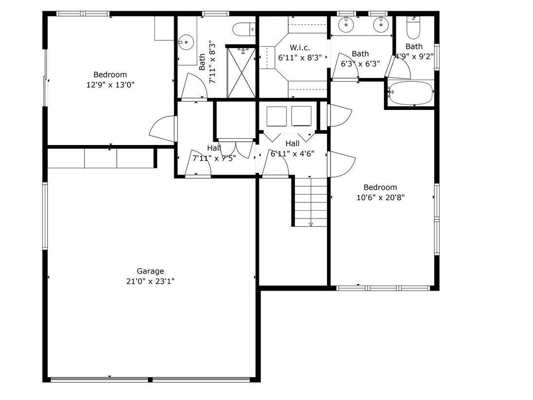 A floor plan of a house with two bedrooms, two bathrooms, a garage, and two hallways.