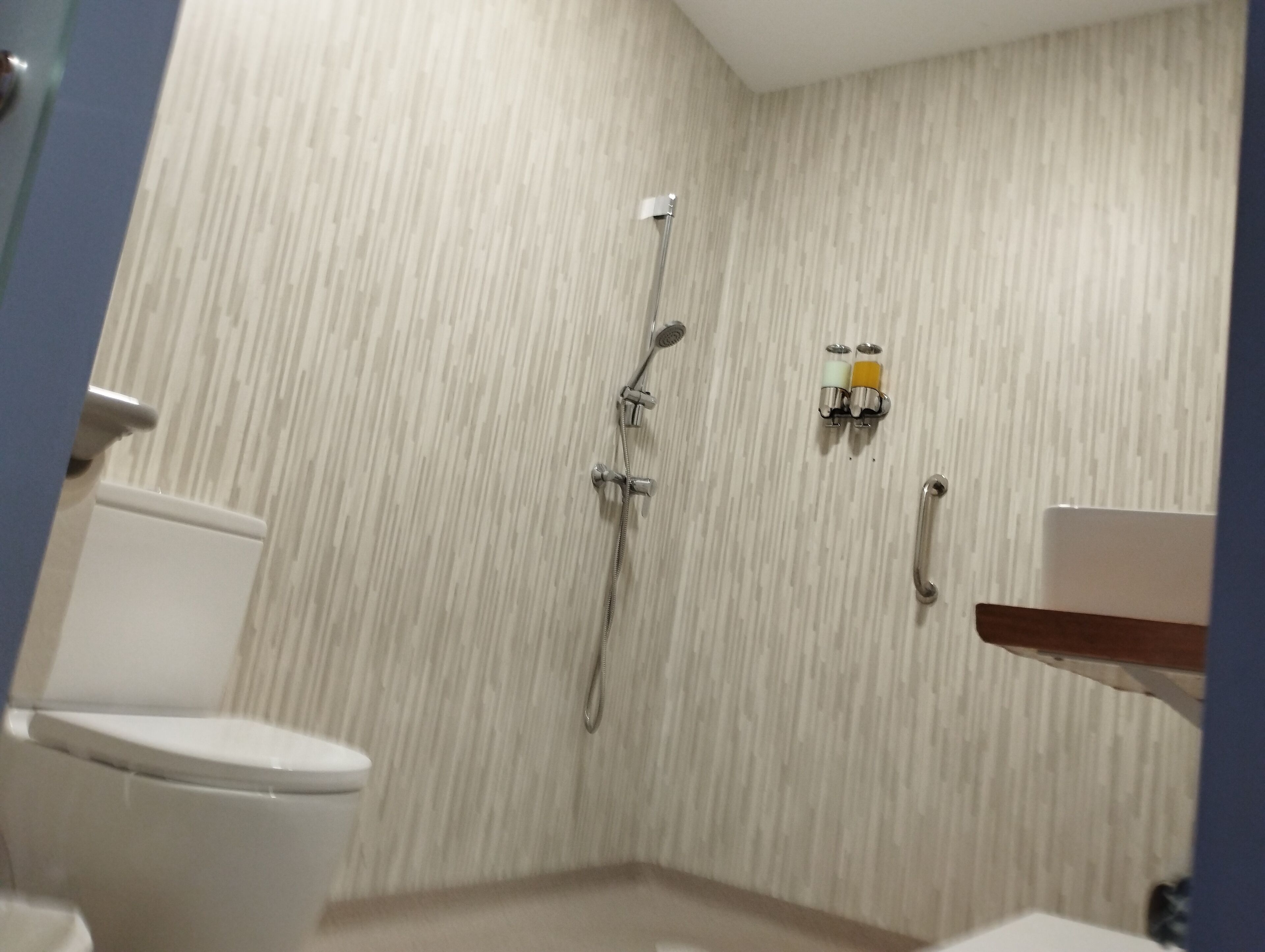 A bathroom with a toilet, a shower with a handheld showerhead, and a sink with a faucet.