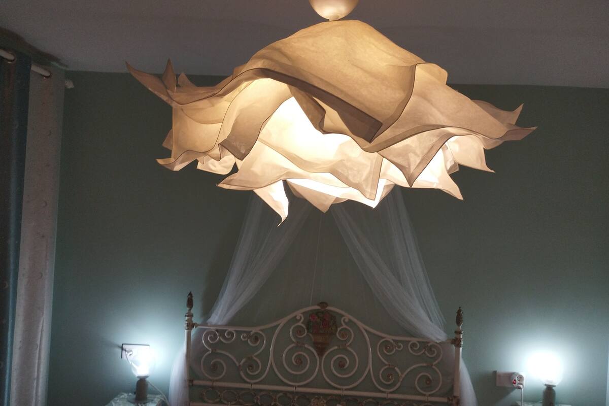 A bedroom with a canopy bed, bedside lamps, and a decorative ceiling light fixture.