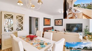 A modern living room with a dining area, a sofa, a TV, and a view of a swimming pool. - Casa da Praia with pool area
 (Porches)