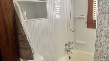 A bathroom with a toilet, a bathtub, and a shower.