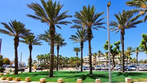 A parking lot with palm trees and a clear blue sky. - Ramat Yam Marine - Two Bedroom Apartment, Sleeps 4 (Tel Aviv-Yafo)