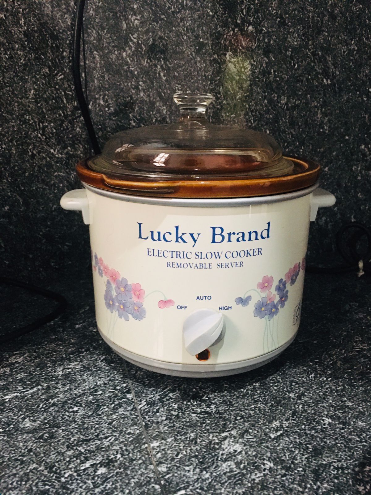 Una olla de cocción lenta eléctrica Lucky Brand con recipiente extraíble, que incluye perillas para ajustar la temperatura.