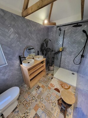Ducha, secador de pelo, toallas, papel higiénico