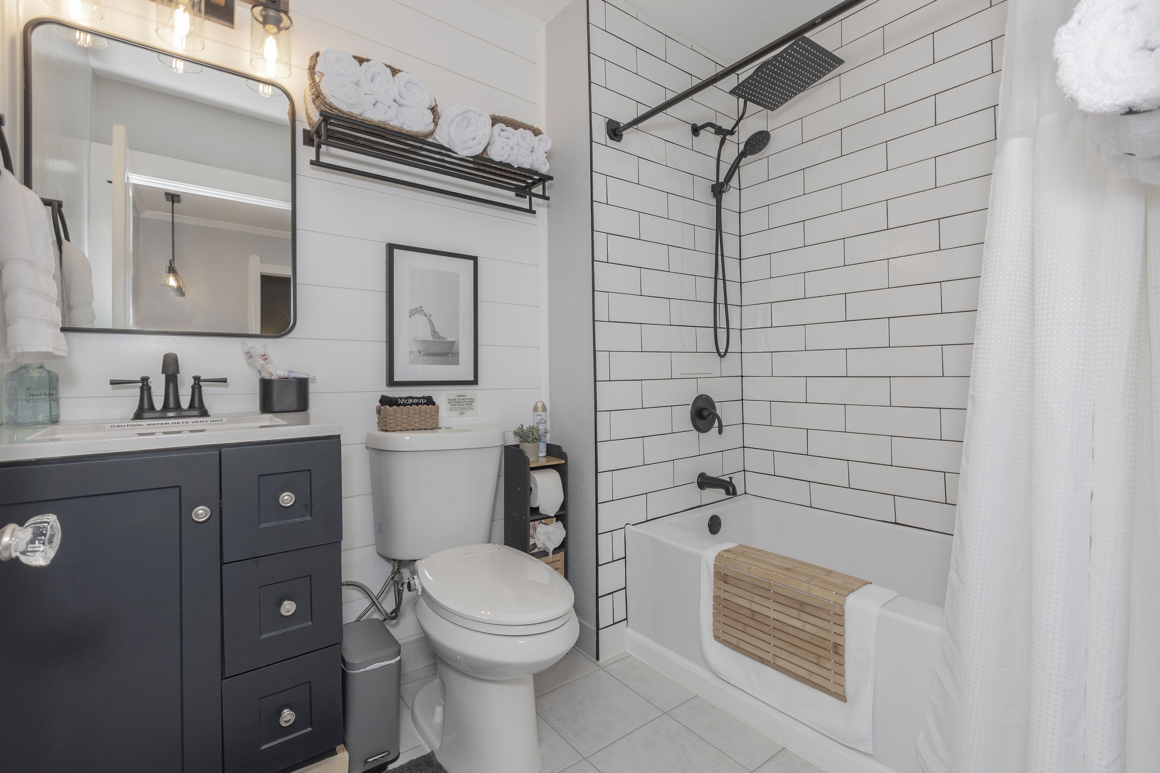 Hair dryer, bidet, towels, soap