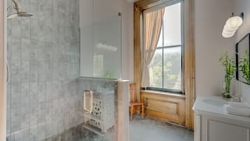 Shower, towels, toilet paper