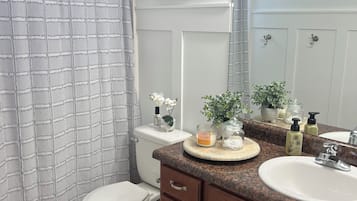 Hair dryer, towels, soap, shampoo