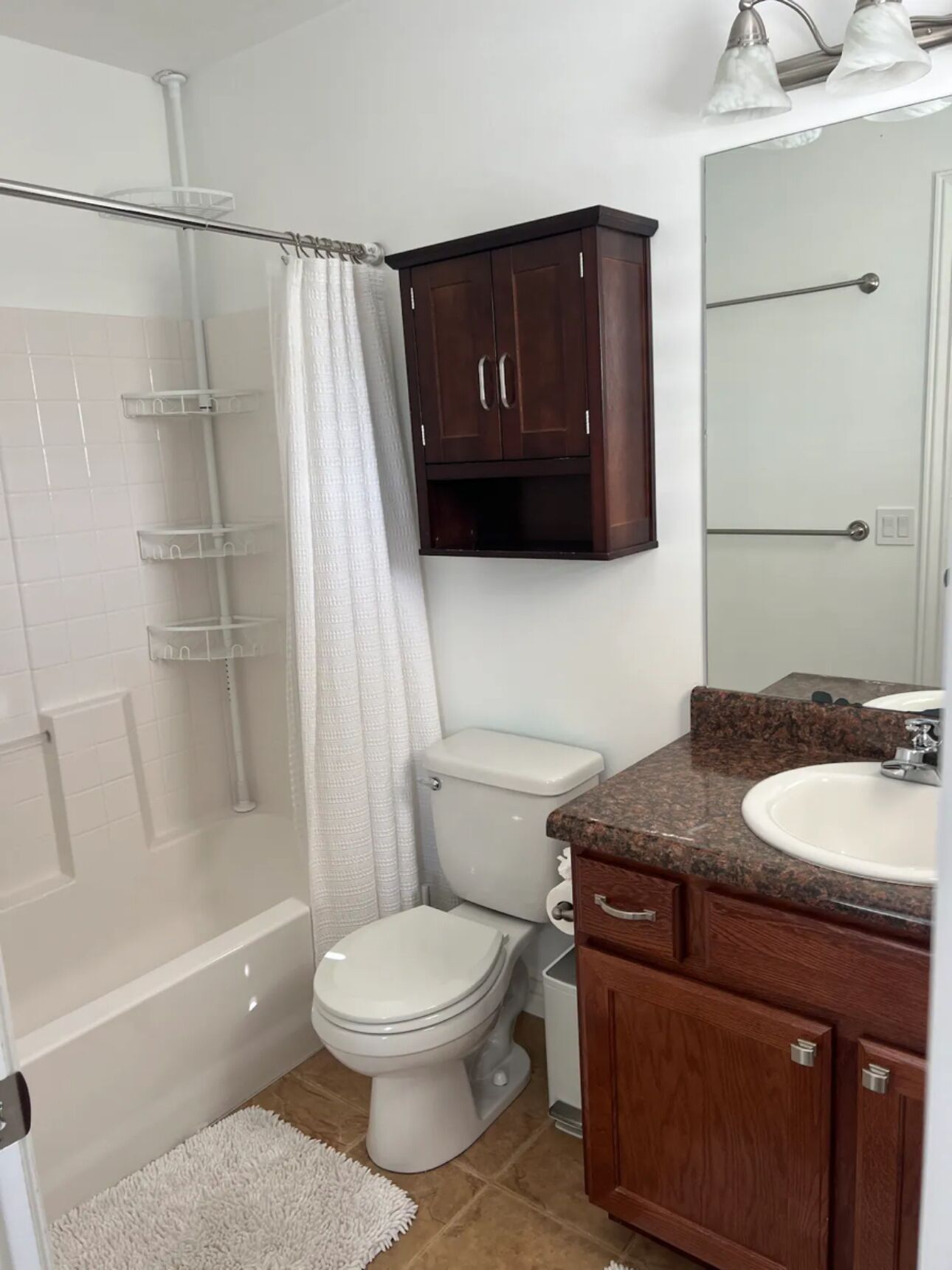 A bathroom with a shower, toilet, vanity, and a cabinet.