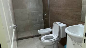 Chuveiro, secador de cabelo, bidê, toalhas de banho