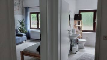 Hair dryer, towels, soap, shampoo