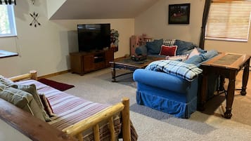 Smart TV, fireplace, DVD player, books