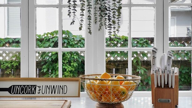 A kitchen counter with a fruit bowl, hanging plants, and a knife block. - Charming Home and Cottage in Downtown St Augustine for 14 (St. Augustine)