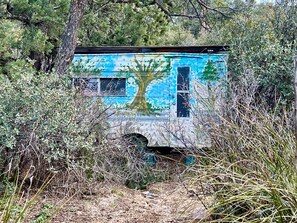 A small, rustic cabin with a tree mural on its side, surrounded by dense vegetation.