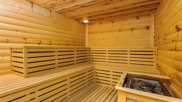 A sauna with wooden walls and benches.