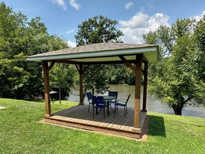 Outdoor dining - Gound level and private home with 142 feet of river front access.  (Ronceverte)