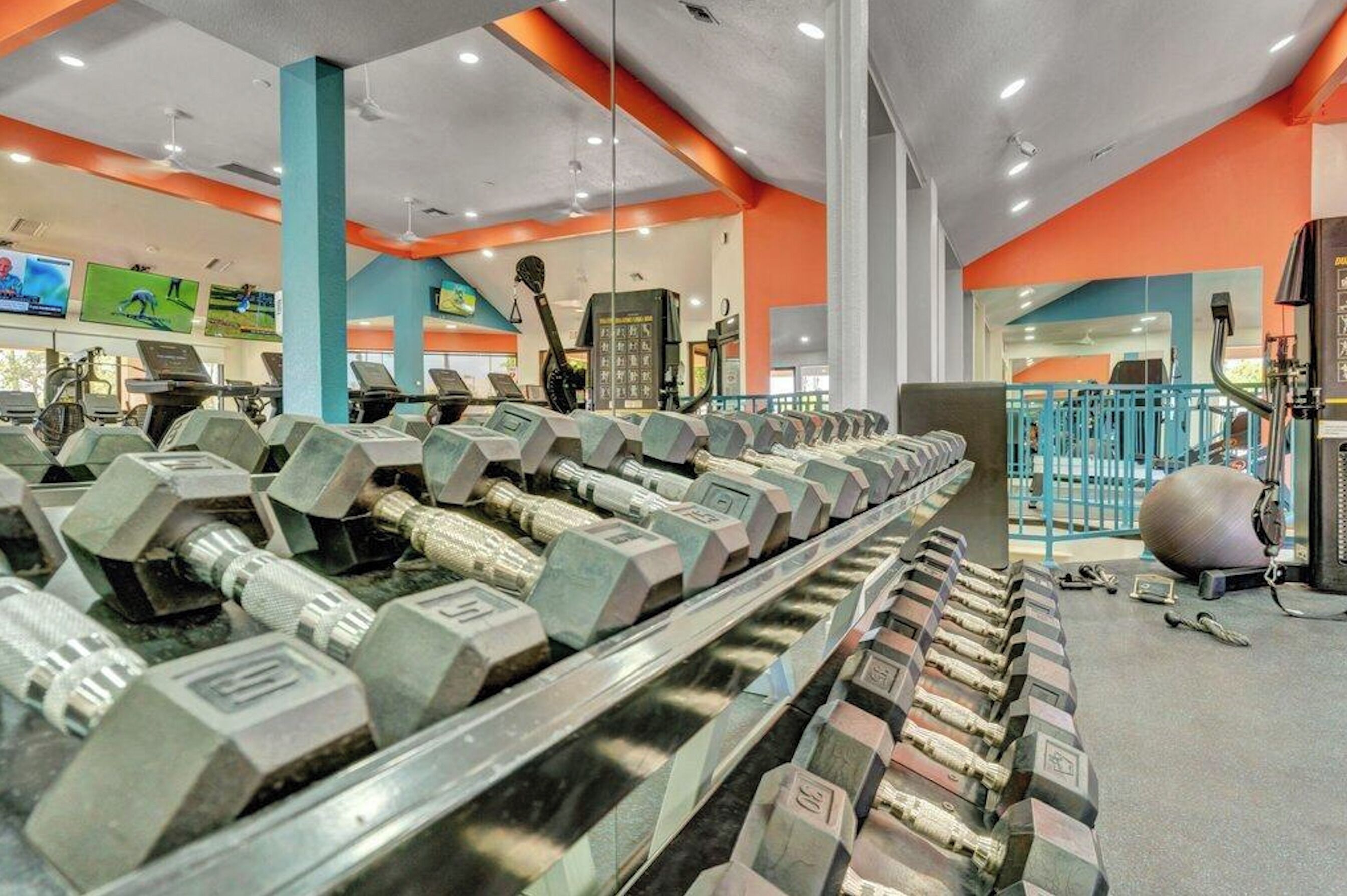 Un gimnasio con filas de mancuernas, máquinas de ejercicio y un espejo grande.