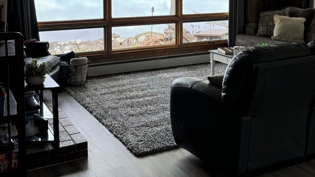 A living room with a large window overlooking a body of water, a ceiling fan, and a dark-colored sofa.