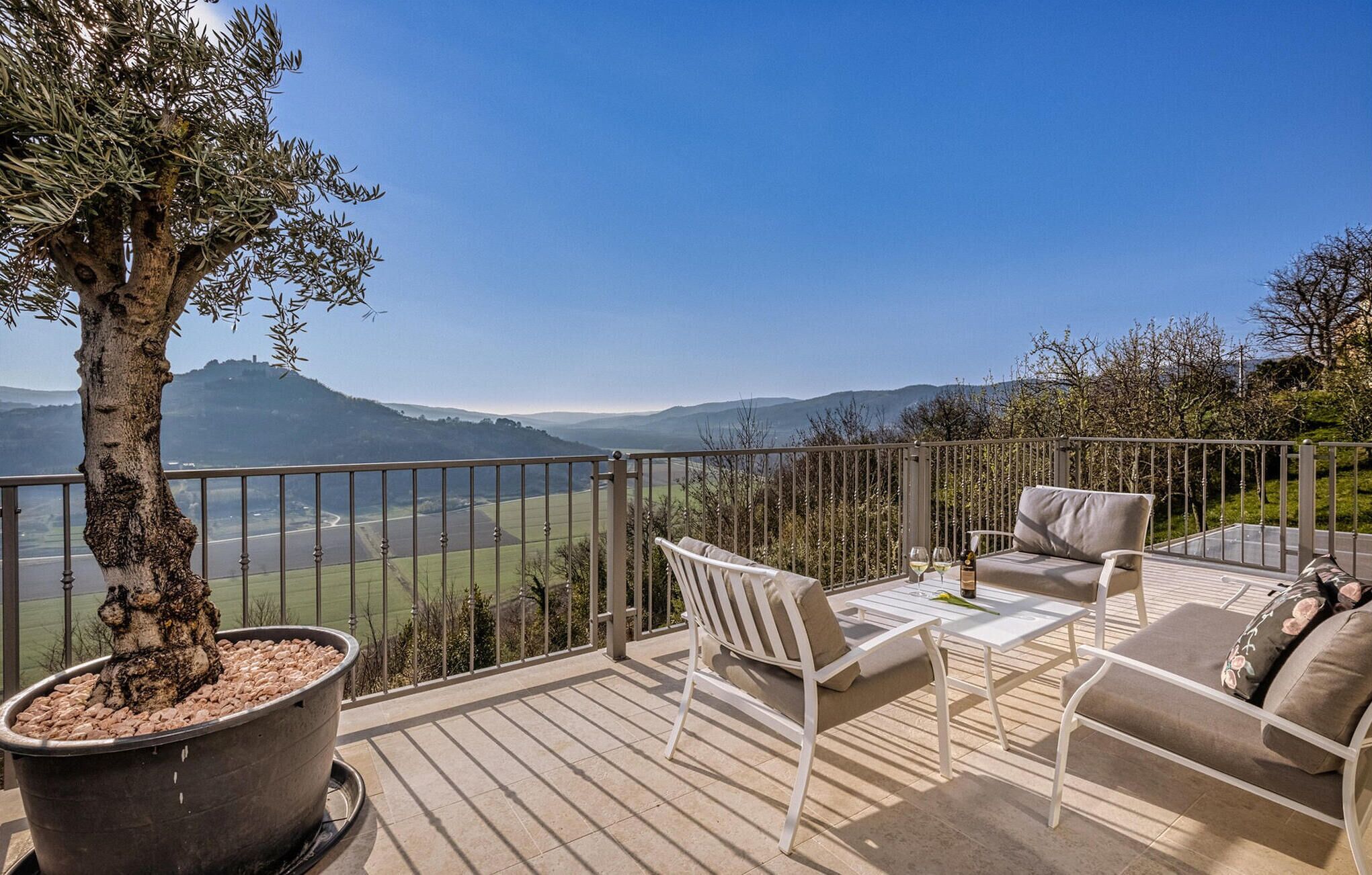 A terrace with a table and chairs, a potted tree, and a view of distant hills.