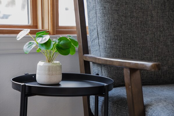 Una planta en maceta sobre una bandeja negra, en una silla cerca de una ventana.