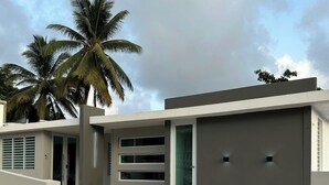 A modern two-story house with a garage, a covered driveway, and a palm tree in the background. - Shely’s Apartment#2 (Ceiba)