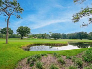Een golfbaan met een vijver, bomen en een heldere lucht.