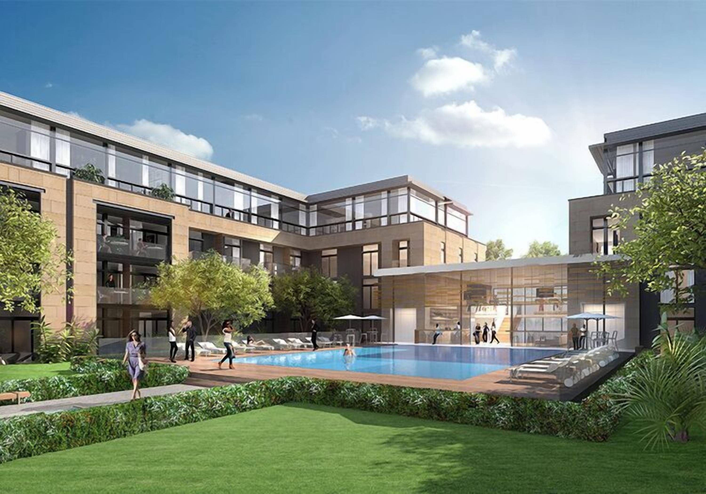 A modern building with a swimming pool, outdoor seating, and greenery.
