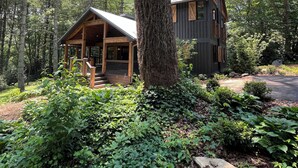 A cabin with a wooden exterior, surrounded by dense forest.