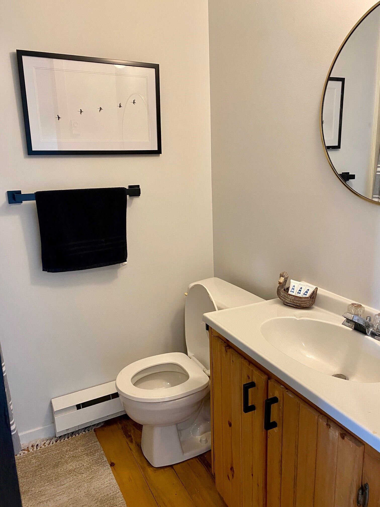 Une salle de bain avec des toilettes blanches, un meuble-lavabo en bois avec un miroir et un tableau encadré au mur.