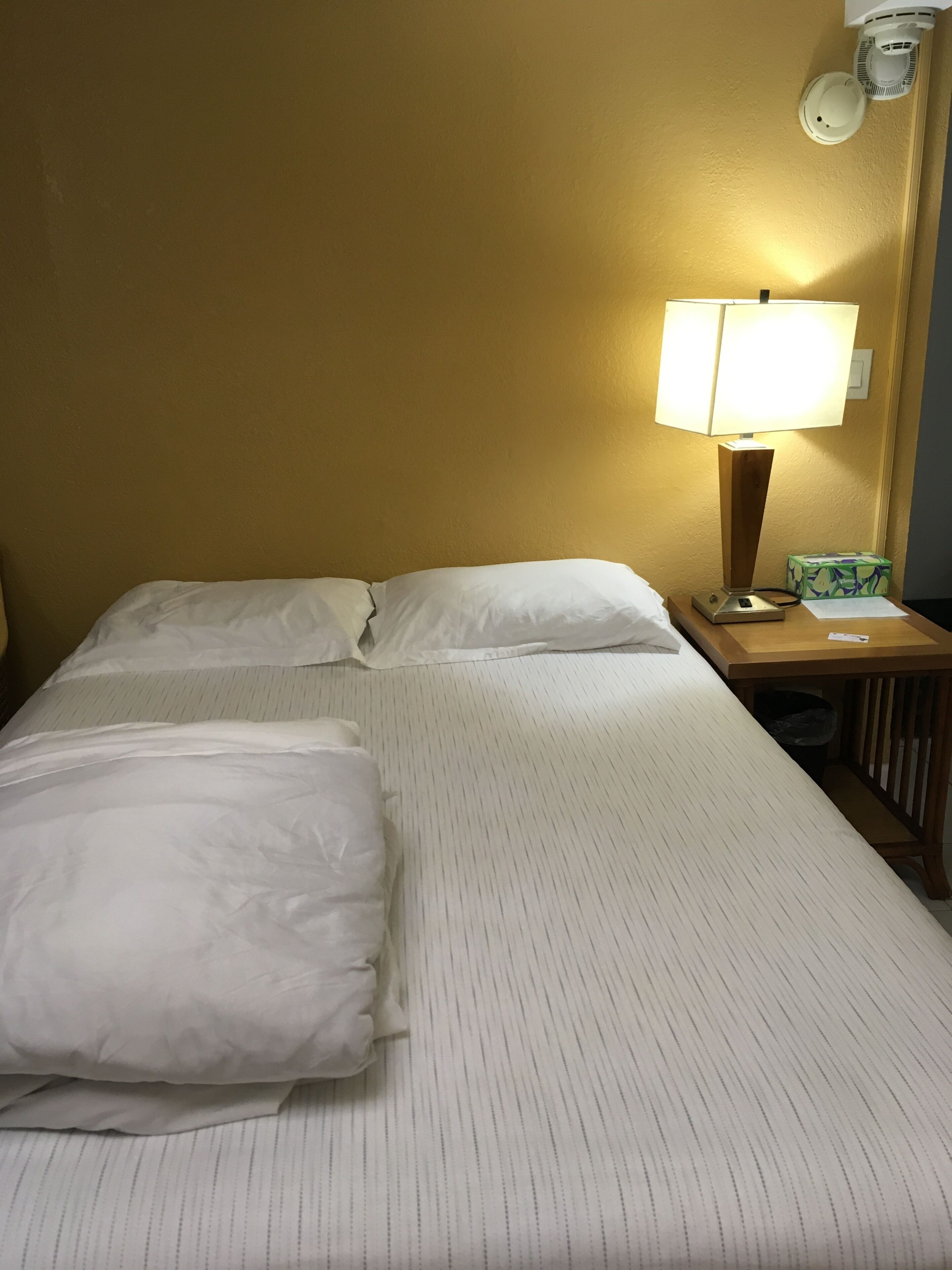 A hotel room with a bed, pillows, a nightstand with a lamp, and a trash bin.