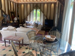 Una Smart TV, una chimenea, un reproductor de DVD, libros