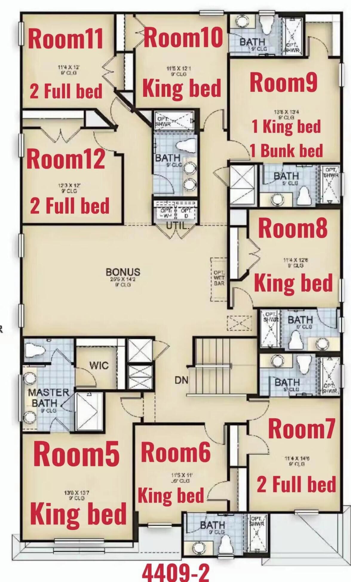 A hotel floor plan with multiple rooms, including king beds, full beds, and a bonus area.