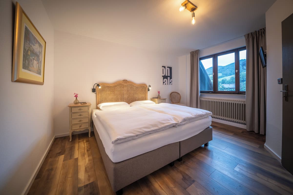 A bedroom with a large bed, a bedside table, a nightstand, a window with curtains, and a wall-mounted TV.