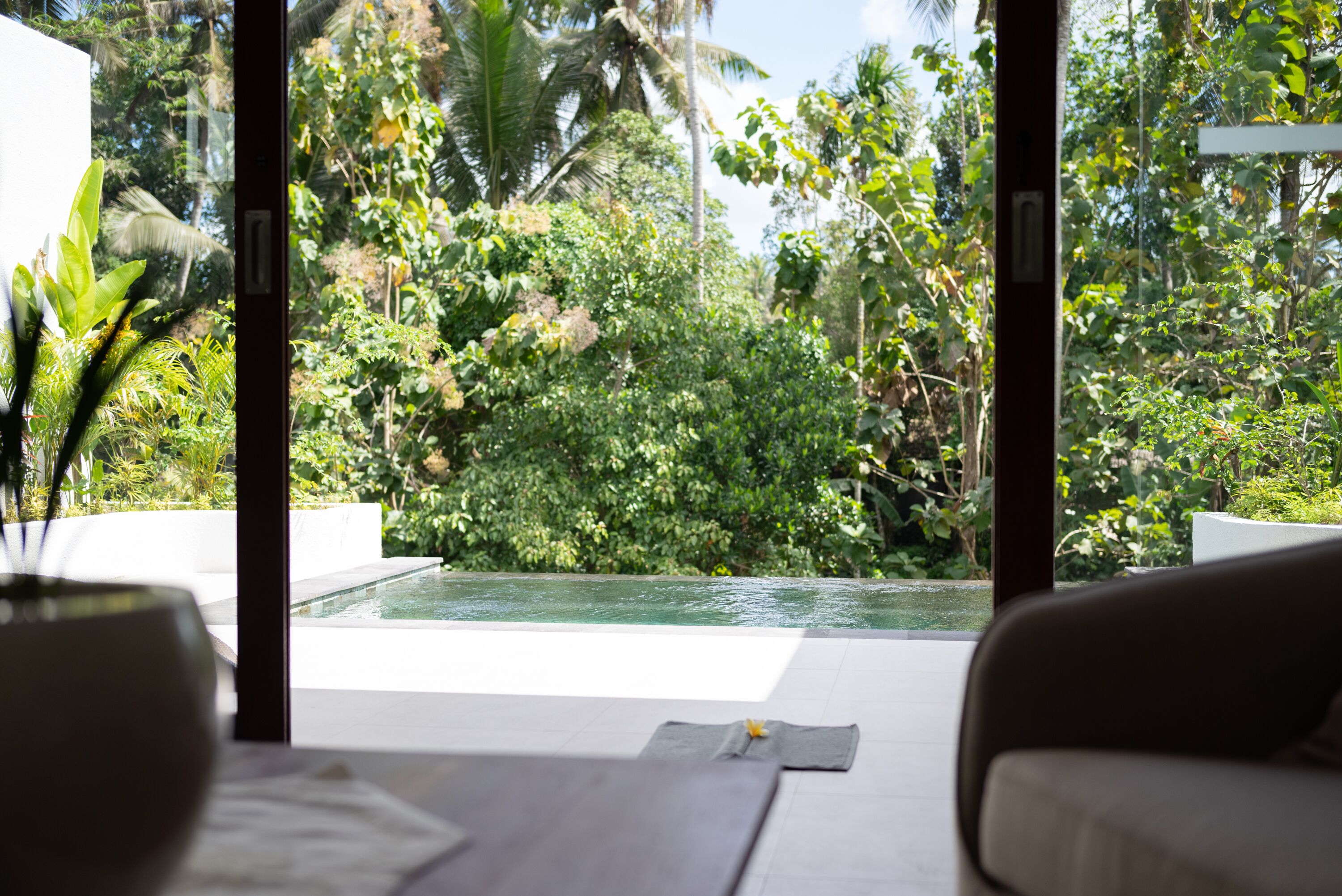 A view from a room with a large window overlooking a pool and lush greenery.