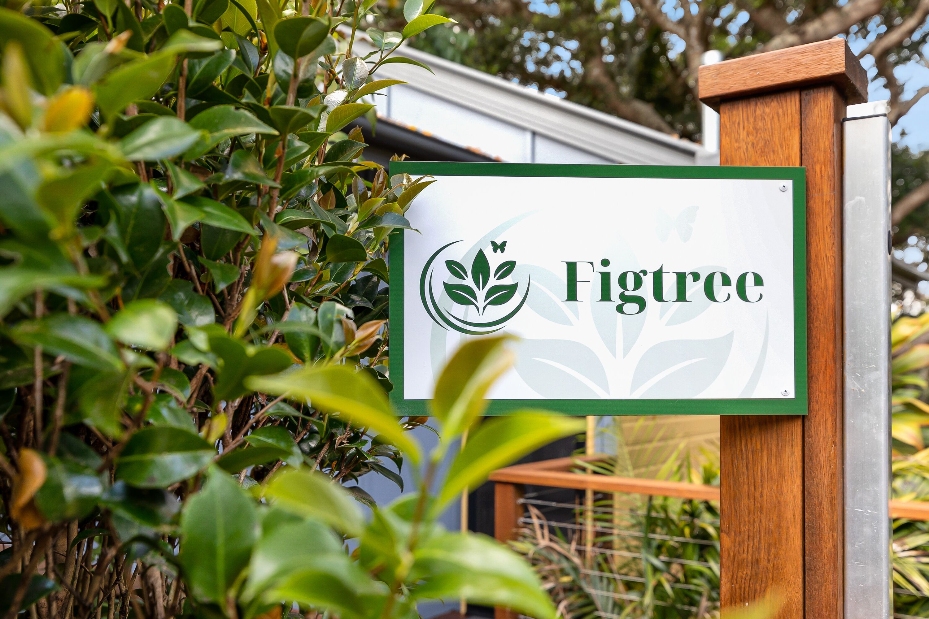 Un letrero con la palabra 'Figtree' y un logotipo, rodeado de follaje.