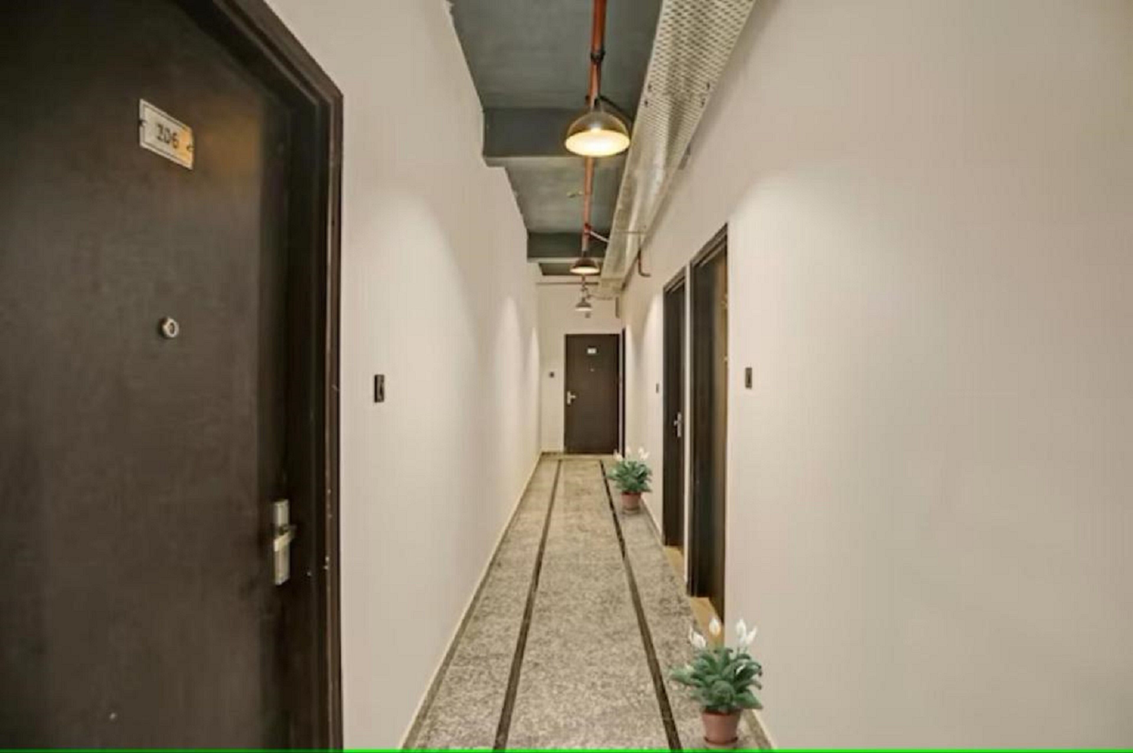 Un corridoio stretto con una porta scura a sinistra, un lampadario sopra e piante in vaso a destra.