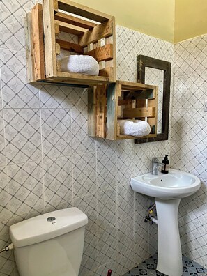 Regadera, toallas, jabón, shampoo 