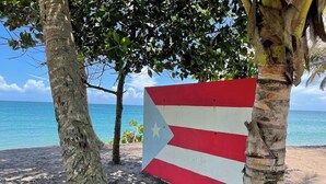 Escena de platja amb una bandera, arbres i l'oceà.