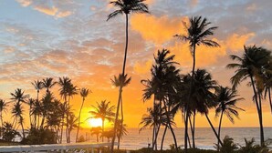 A resort with a pool, palm trees, and a sunset view. - 20 yards from the beach • Private rooftop villa in exclusive neighborhood (Humacao)