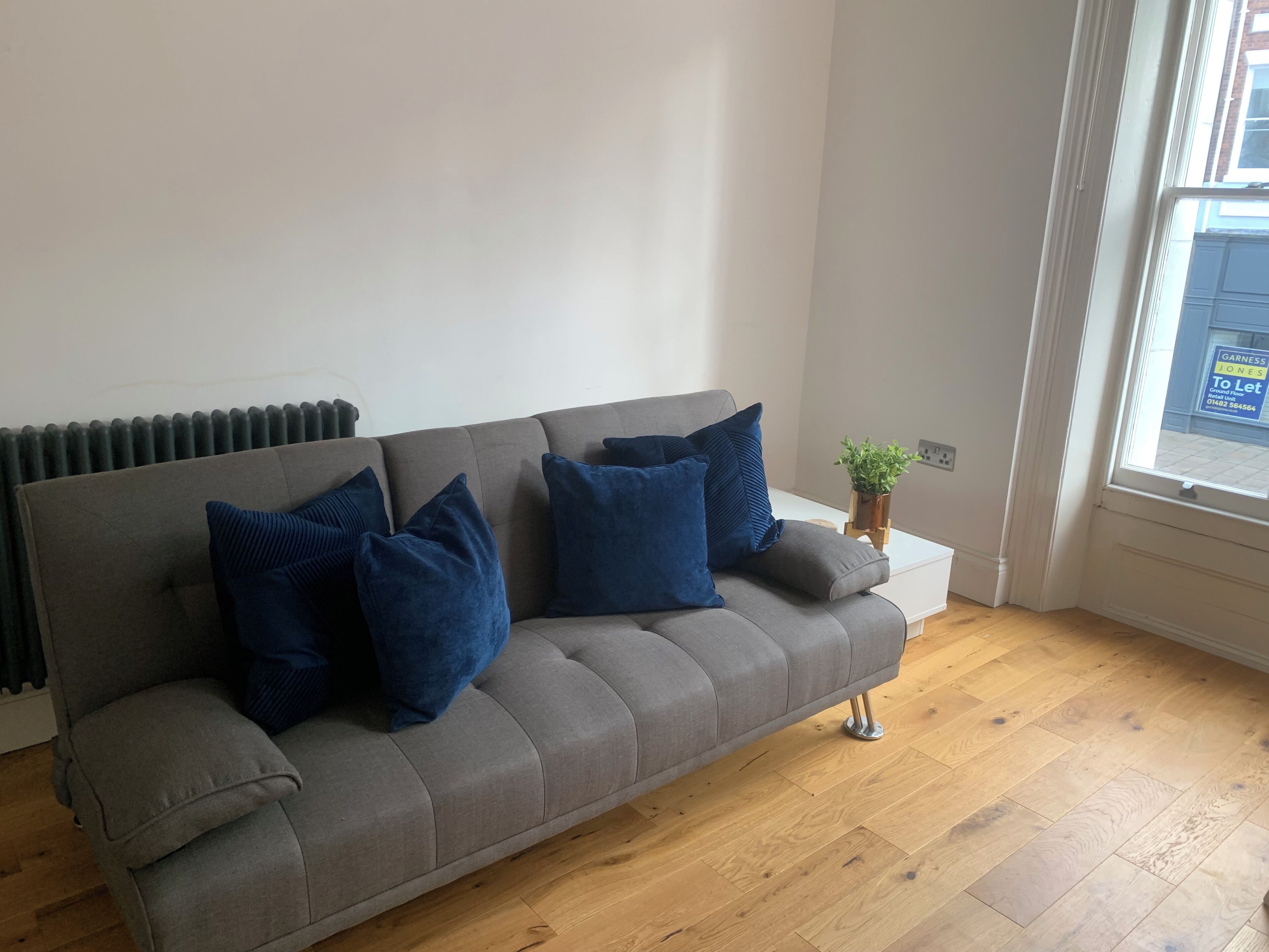 Un canapé gris avec des coussins bleus, une petite table d’appoint blanche ornée d’une plante, et une fenêtre donnant sur un immeuble.