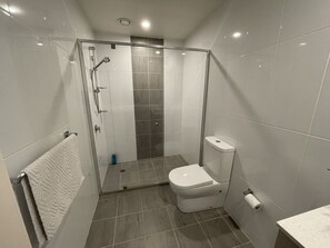 Hair dryer, towels, soap, shampoo