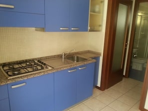 Una cocina con gabinetes azules, encimera de granito, pileta de acero inoxidable y cocina a gas.