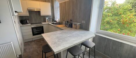 Fridge, oven, stovetop, electric kettle