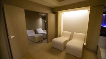 Relax in comfort with two cushioned seating areas and a spacious floor.