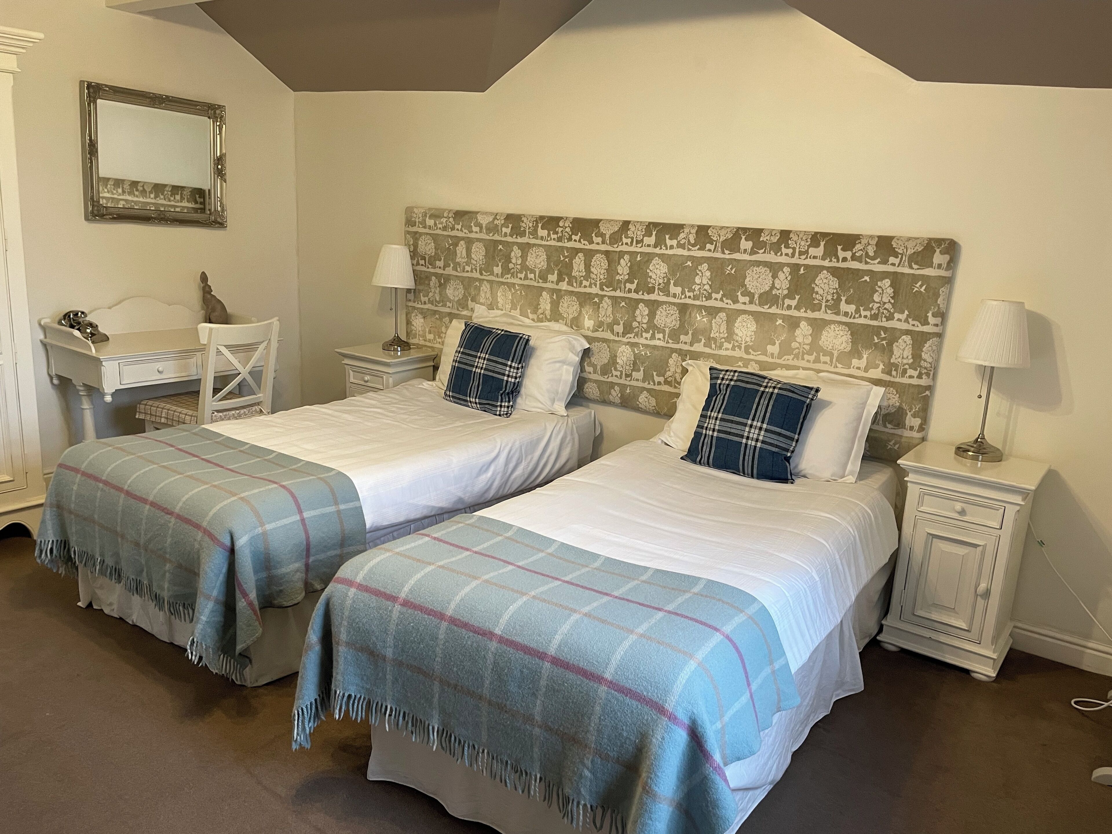 A double room with two beds, each with a plaid blanket, a headboard with a nature-themed pattern, a bedside table with a lamp, and a small desk with a telephone.