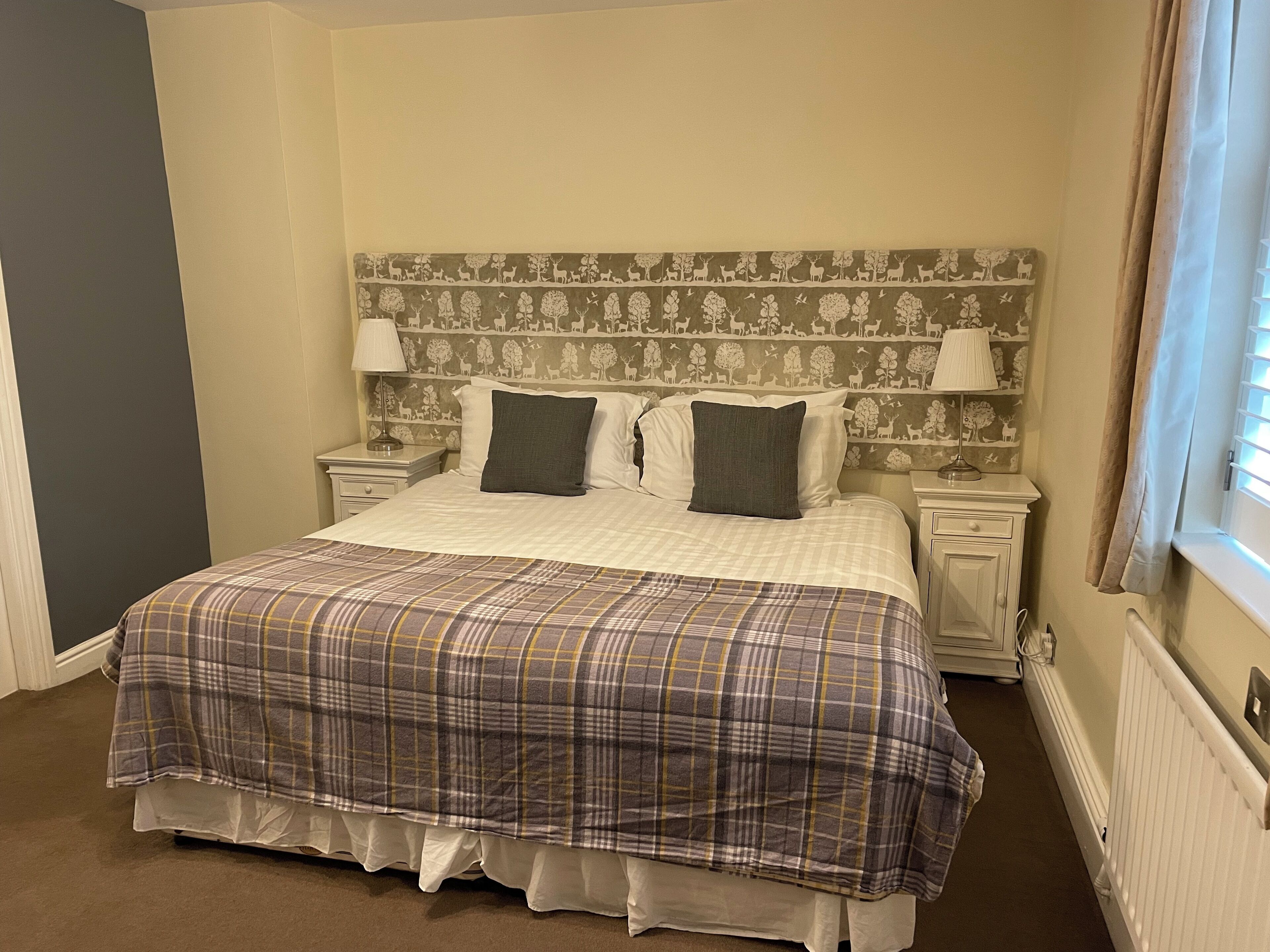 A neatly made bed with a plaid bedspread, two pillows, and a headboard with a nature-themed wallpaper. There are bedside lamps and a nightstand with a lamp.