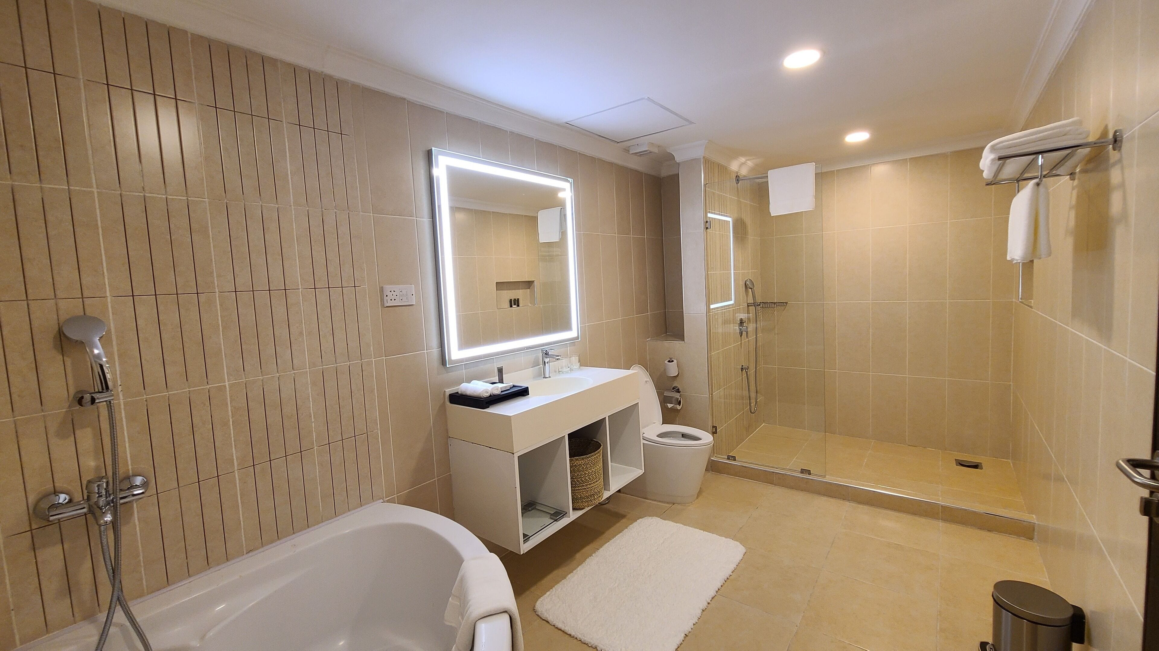 A modern bathroom with a bathtub, a shower, and a toilet.