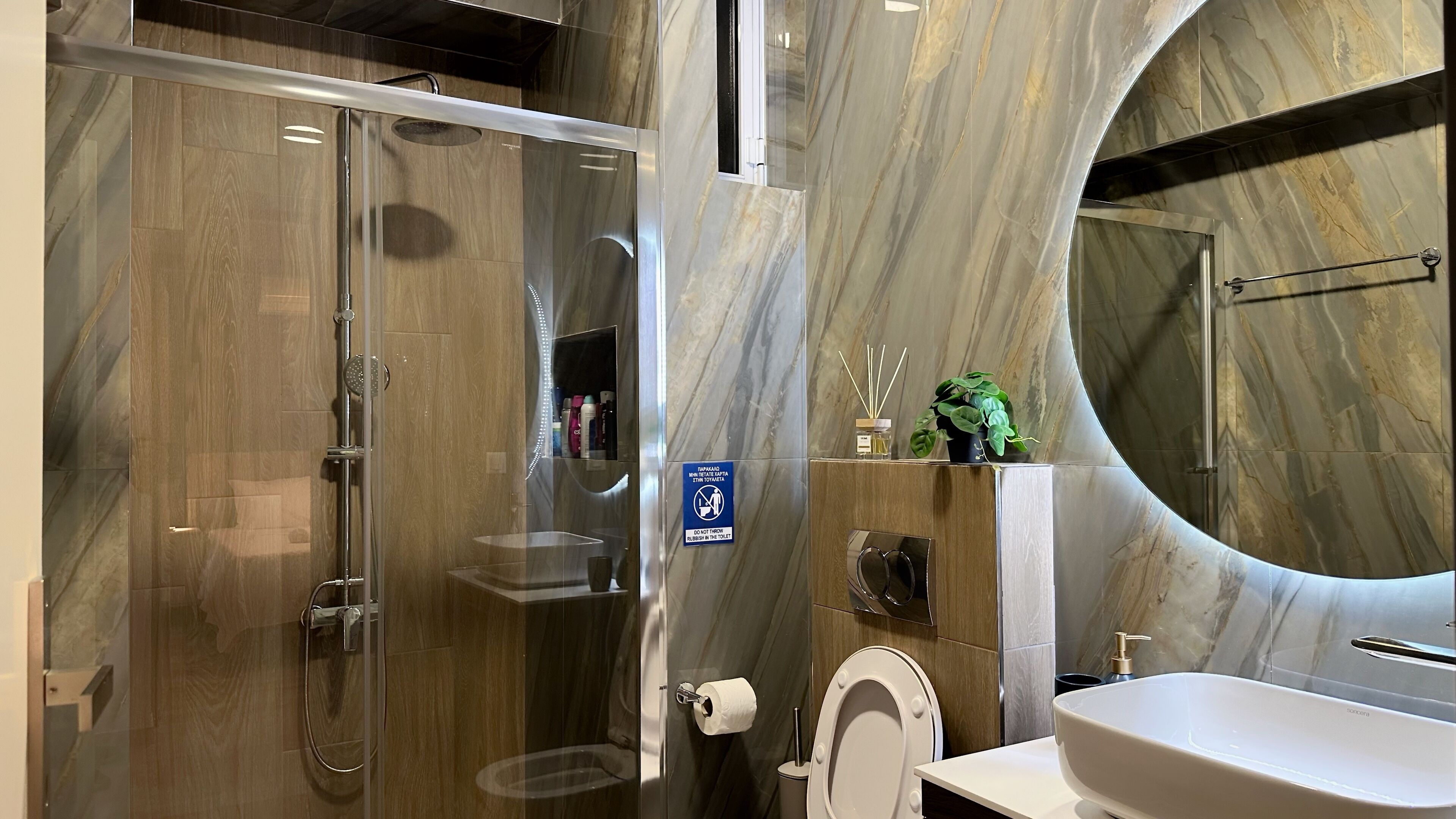 Hair dryer, towels, soap, toilet paper